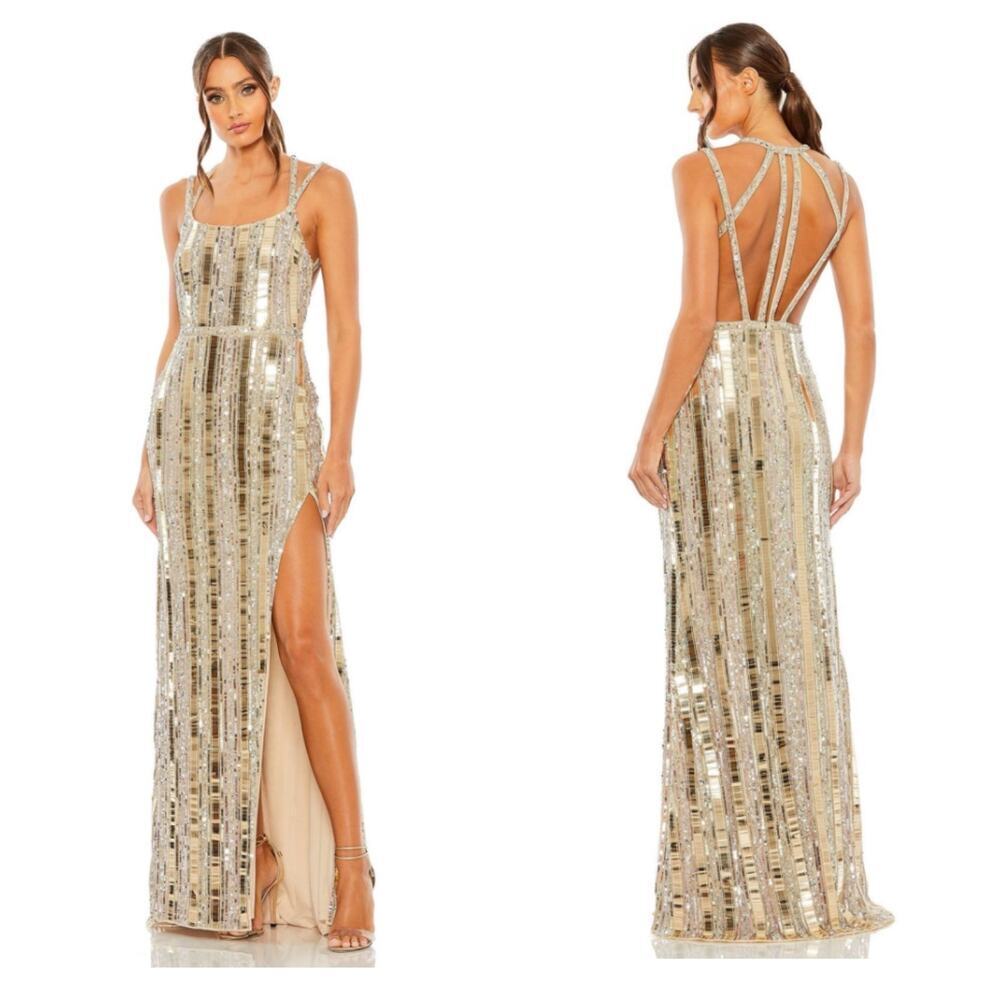 Mac Duggal Bead-Embellished Detail Halter Neck Gown Gold/ Silver Size 14 NWT - Picture 2 of 12